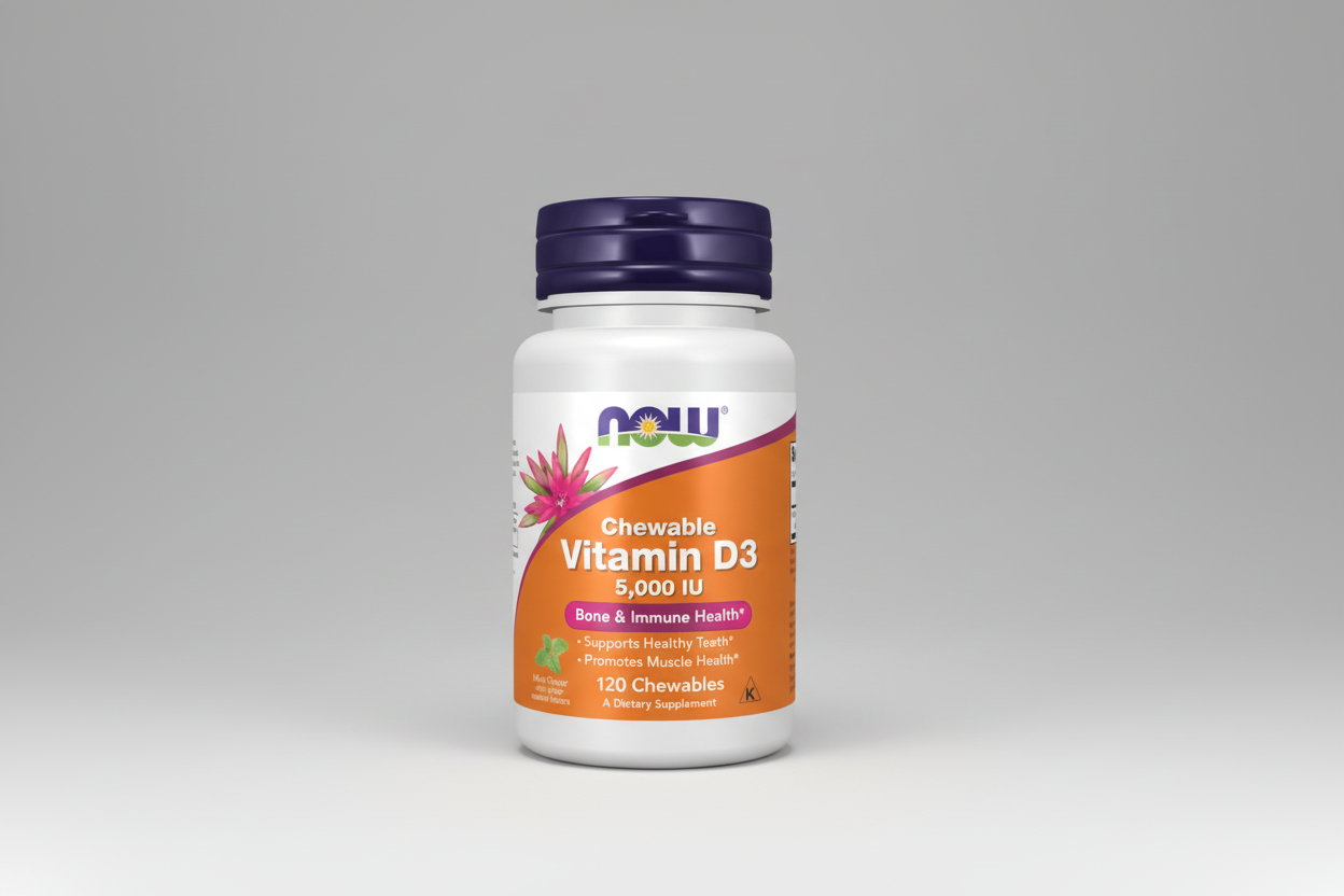 Supplement bottle labeled 'Chewable Vitamin D3' with Now brand on a white background