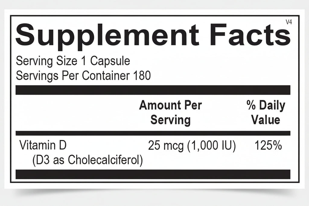 Supplement facts label for a vitamin D supplement with serving size and container information.