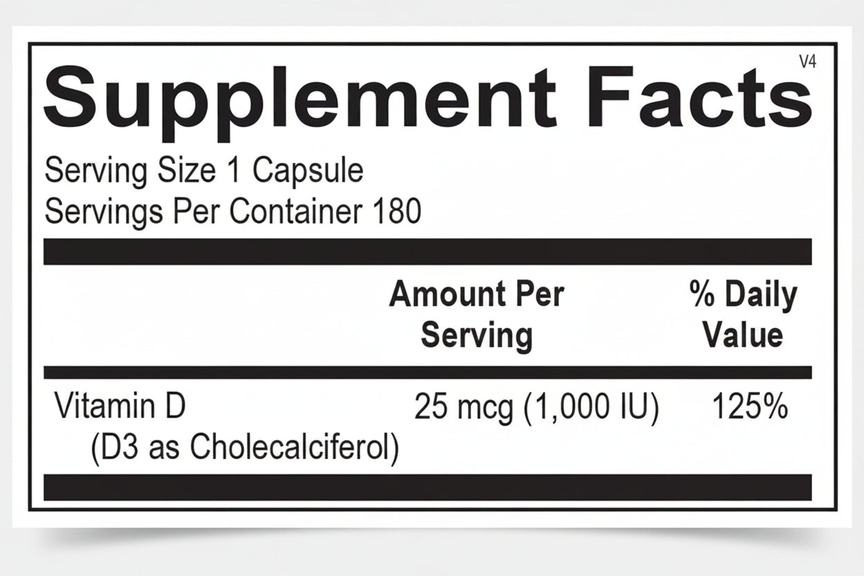 Supplement facts label for a vitamin D supplement with serving size and container information.