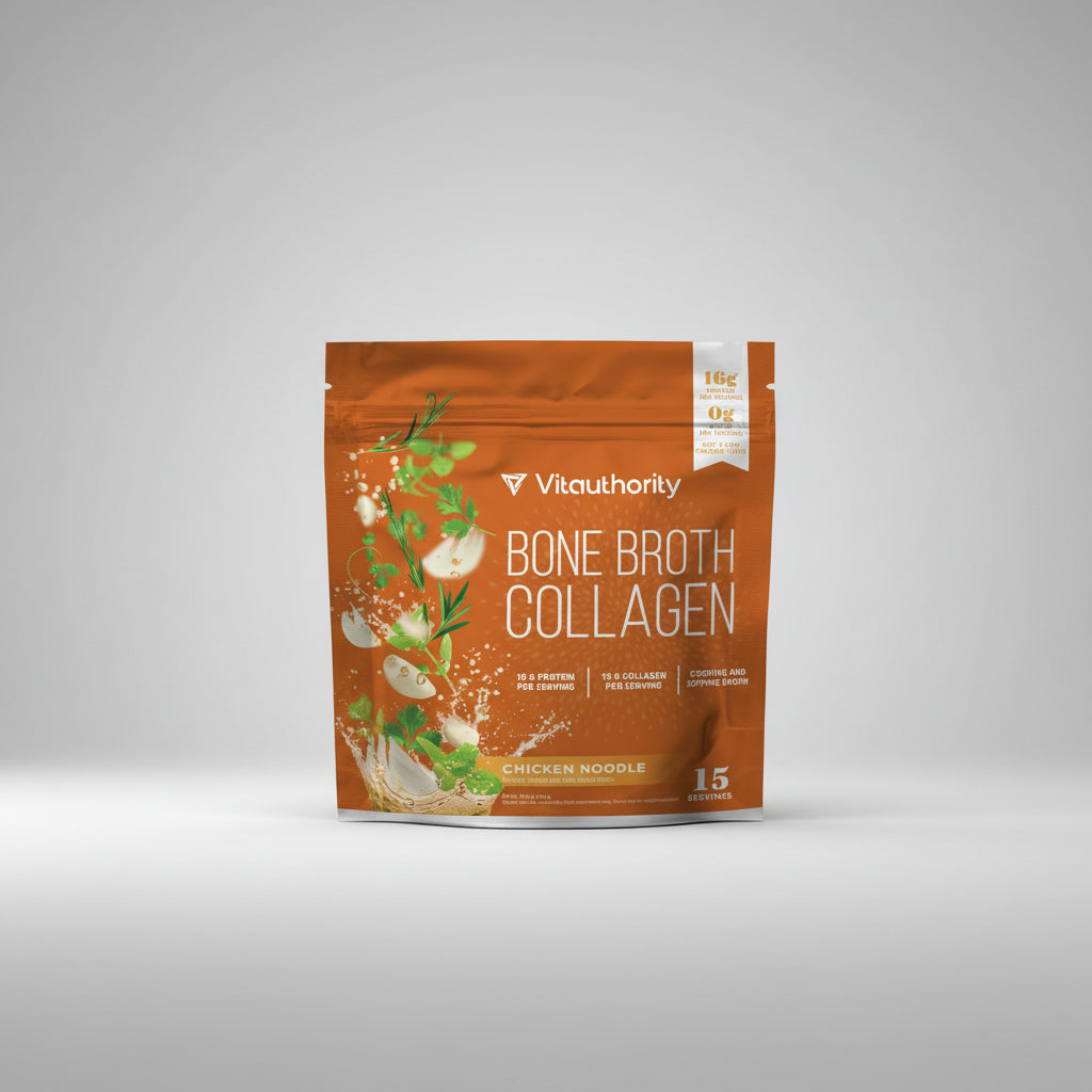 Vitaauthority bone broth collagen package with chicken noodle flavor on an orange background