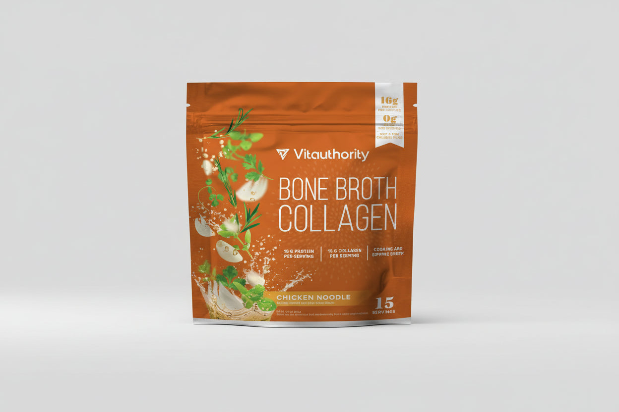 Vitaauthority bone broth collagen package with chicken noodle flavor on an orange background