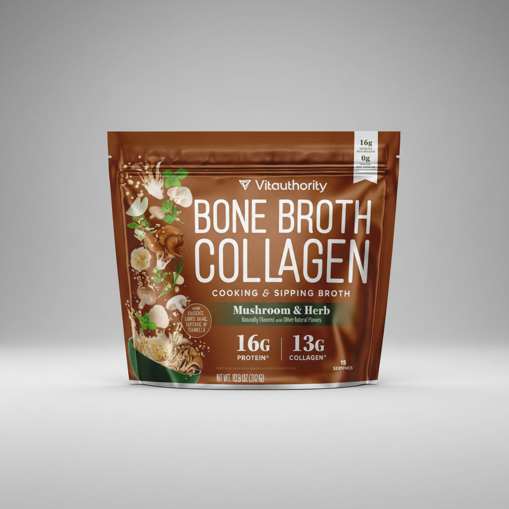 Vita Authority Bone Broth Collagen package with mushroom and herb flavor on a white background