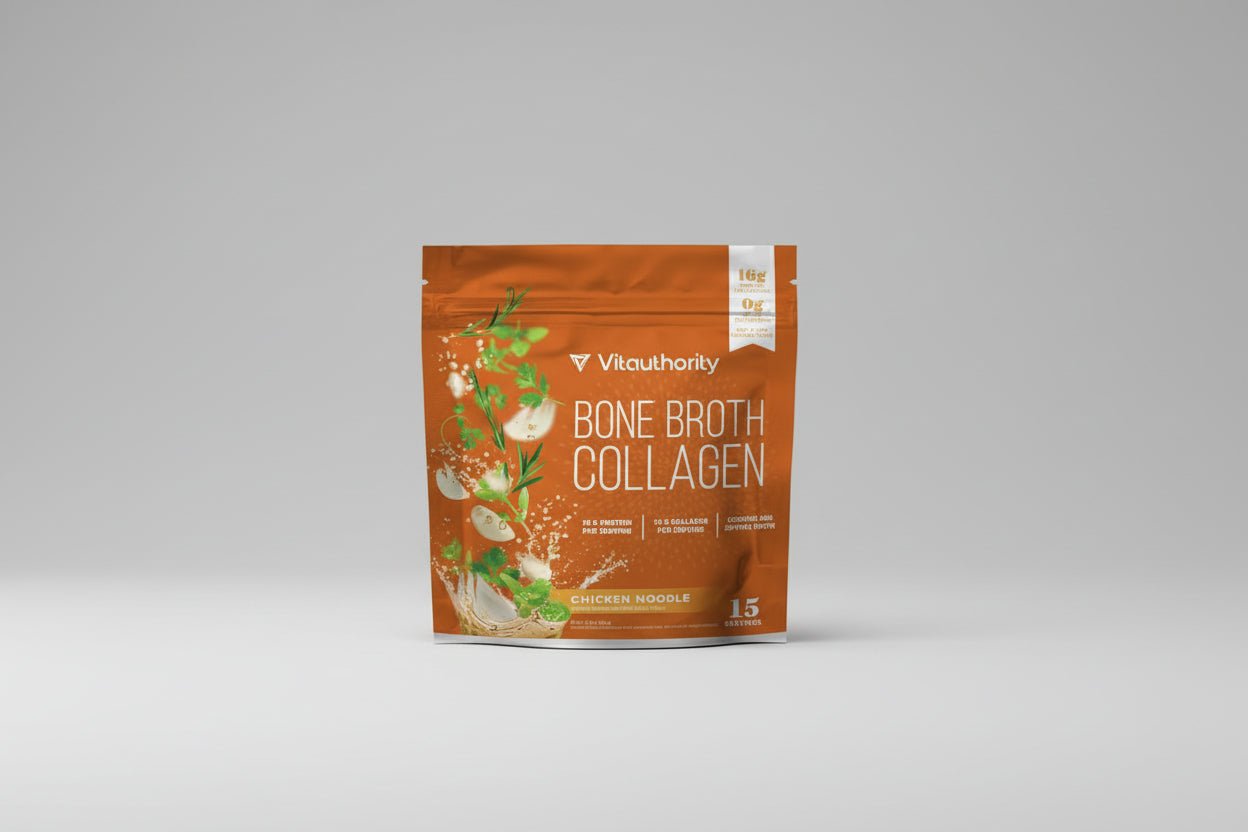 Vitaauthority bone broth collagen package with chicken noodle flavor on an orange background