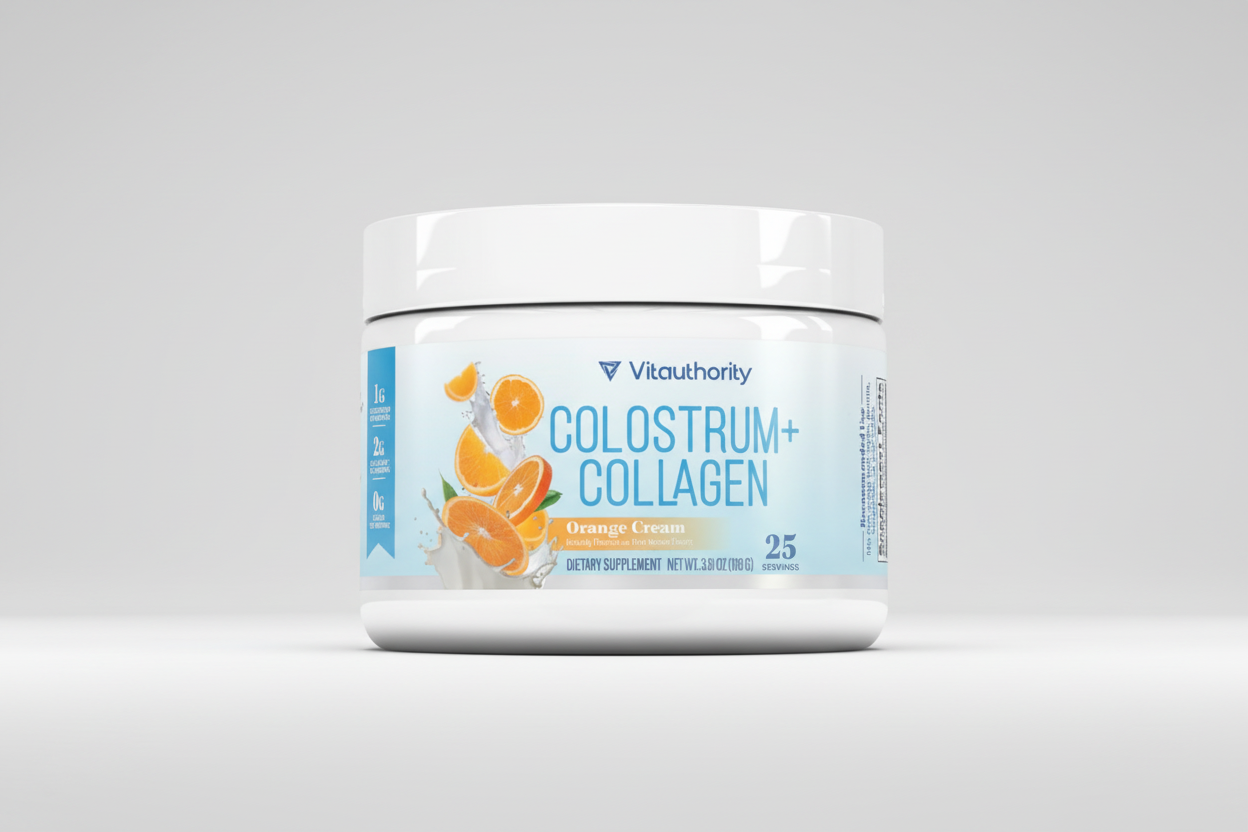 Vita Authority Colostrum + Collagen supplement container with orange cream flavor on a white background
