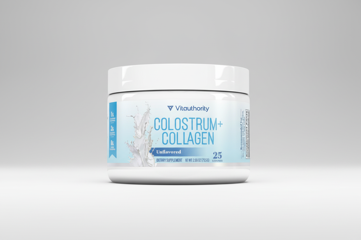 Vita Authority Colostrum + Collagen supplement container on a white background