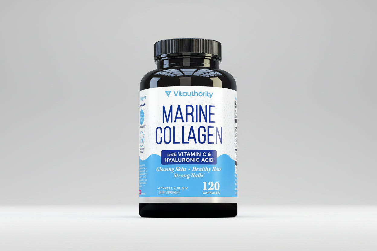 Vitauthority Marine Collagen supplement bottle on a white background
