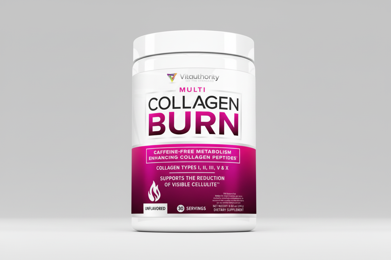 Vitaauthority Multi Collagen Burn supplement container on a white background