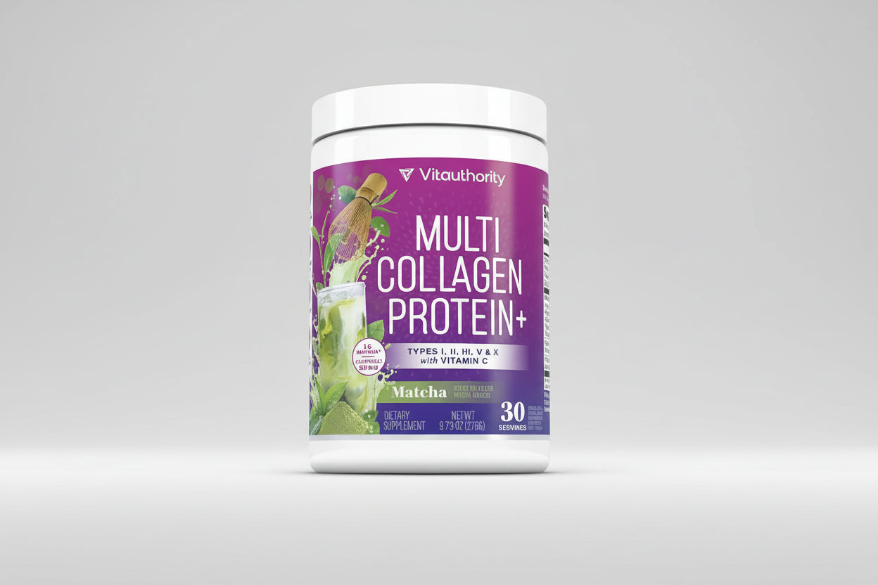 Vita Authority Multi Collagen Protein+ container with matcha flavor on a white background