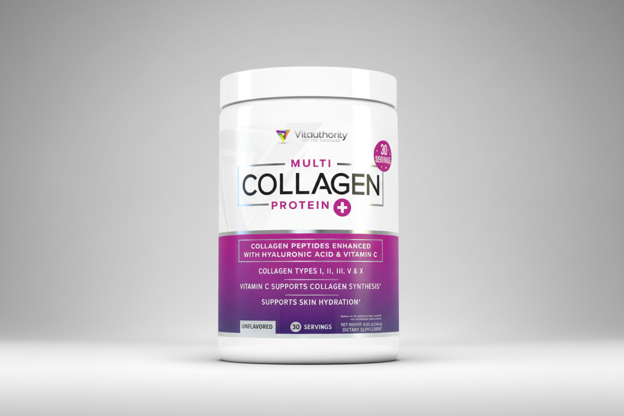Vita Authority Multi Collagen Protein supplement container on a white background