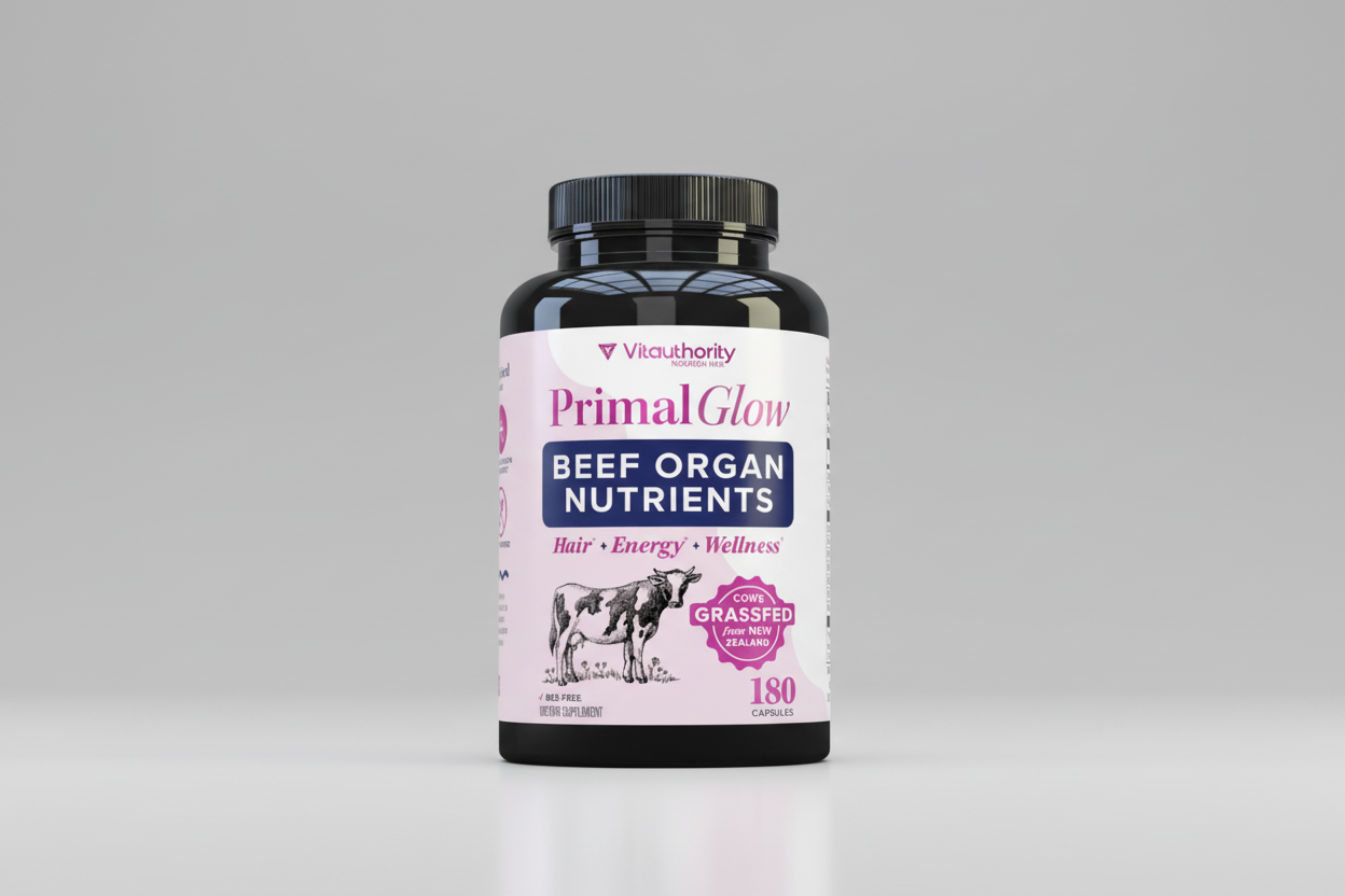 Vita Authority Primal Glow Beef Organ Nutrients supplement bottle on a white background