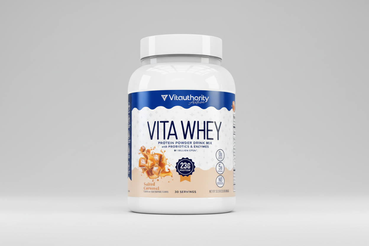 VitaWhey protein powder drink mix container with Vita Authority branding on a white background
