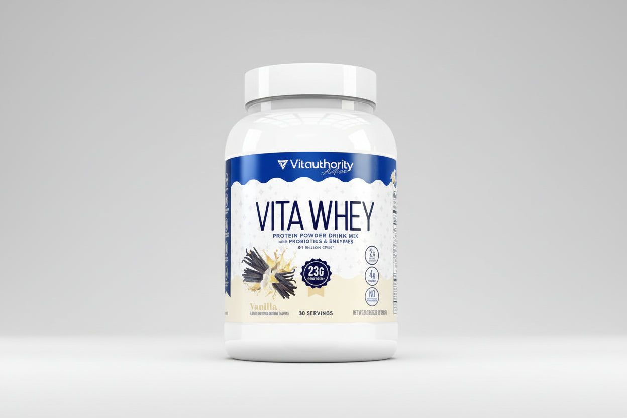 VitaWhey protein powder drink mix container with Vitauthority branding on a white background