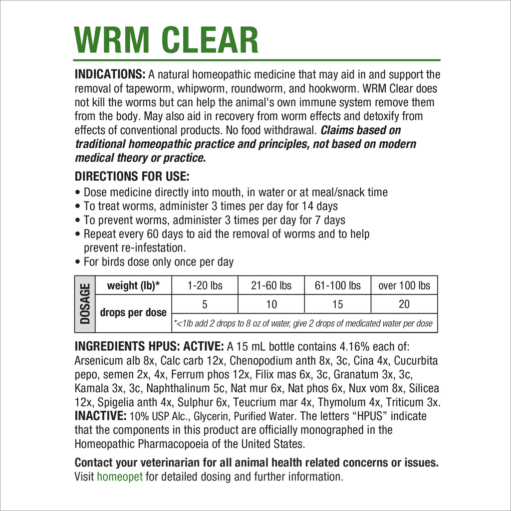 HomeoPet WRM Clear current manufacturer label, ingredients and directions