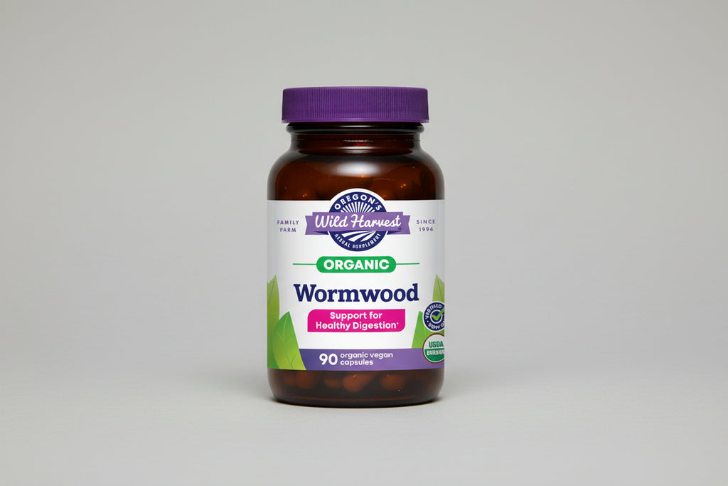 Oregon's Wild Harvest Organic Wormwood supplement bottle with purple cap