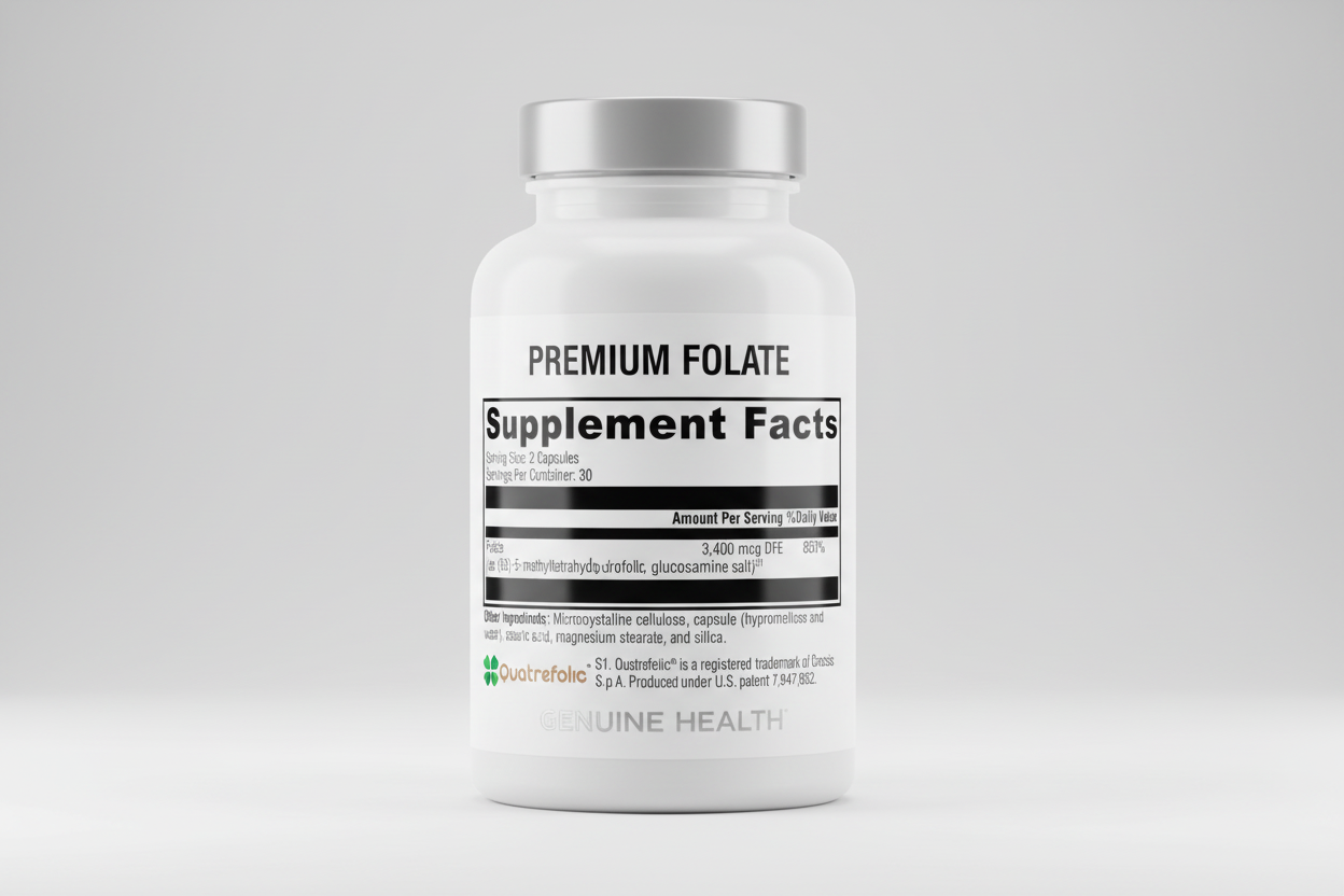 Supplement facts label with Quatrefolic branding on a white background