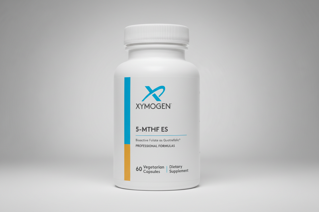 Supplement bottle labeled 'Xymogen 5-MTHF ES' on a white background