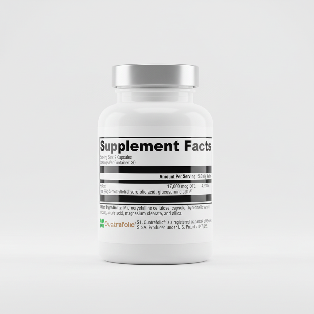 Supplement facts label for a product with Quatrefolic branding