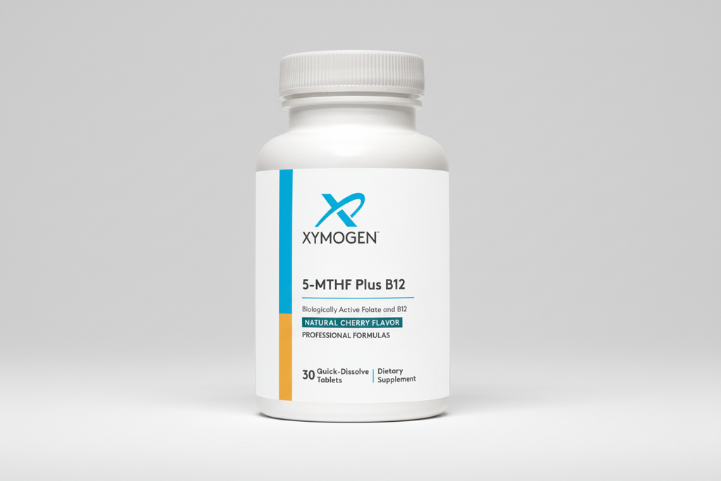 Supplement bottle labeled 'Xymogen 5-MTHF Plus B12' on a white background
