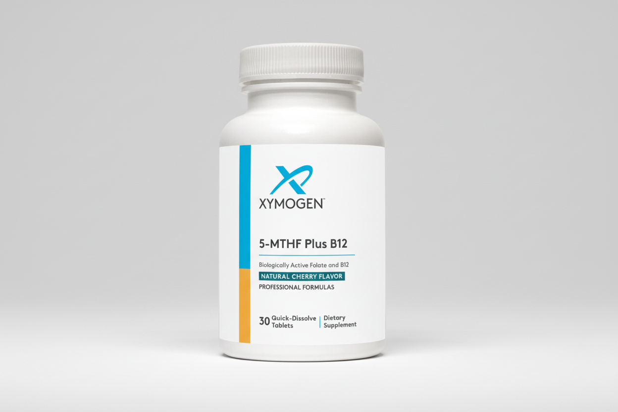 Supplement bottle labeled 'Xymogen 5-MTHF Plus B12' on a white background
