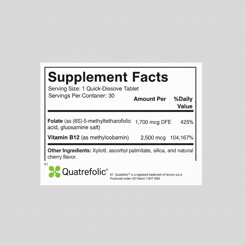Supplement facts label with Quatrefolic branding on a white background