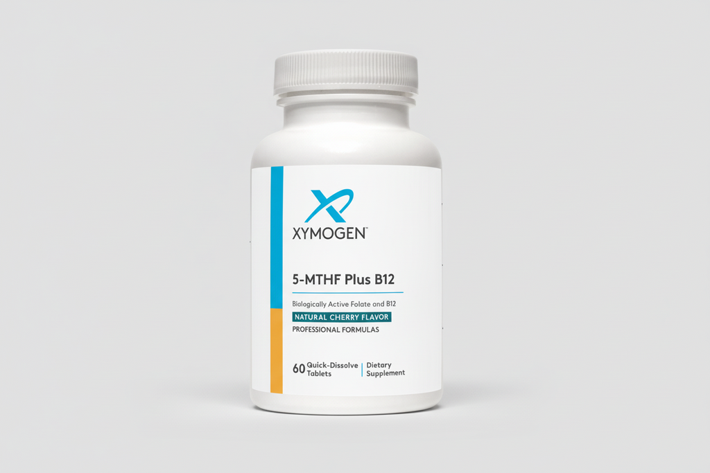 Supplement bottle labeled 'Xymogen 5-MTHF Plus B12' on a white background