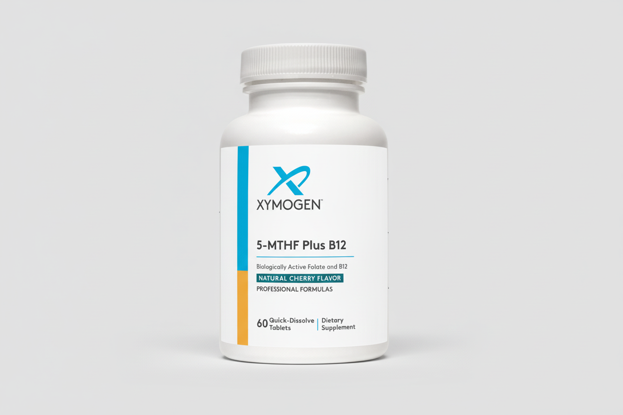 Supplement bottle labeled 'Xymogen 5-MTHF Plus B12' on a white background