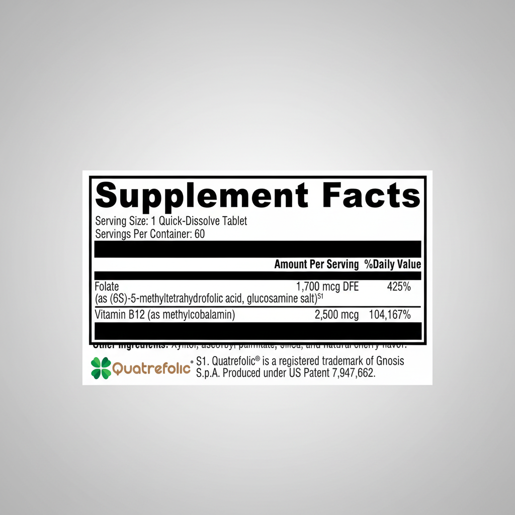 Supplement facts label with vitamins and ingredients on a white background