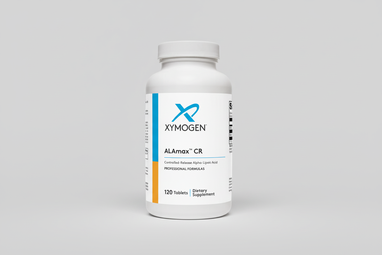 Supplement bottle labeled 'Xymogen ALAmax CR' on a white background