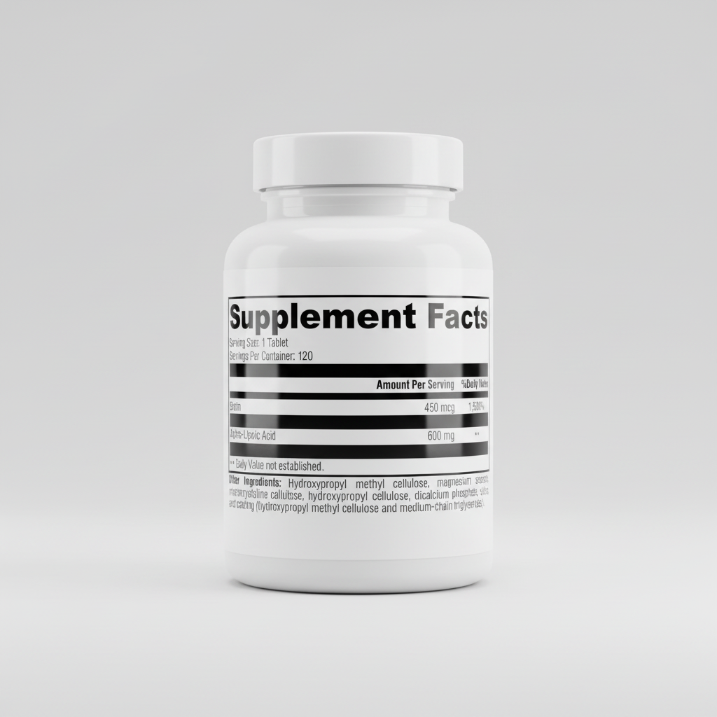 Supplement facts label with Biotin and Alpha-Lipoic Acid on a white background