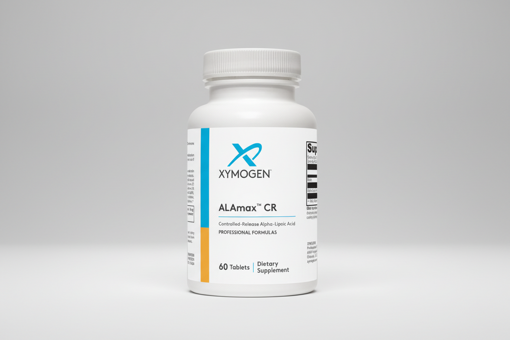 Xymogen ALAmax CR dietary supplement bottle on a white background