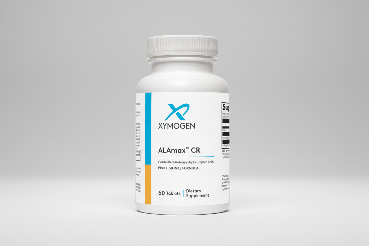 Xymogen ALAmax CR dietary supplement bottle on a white background