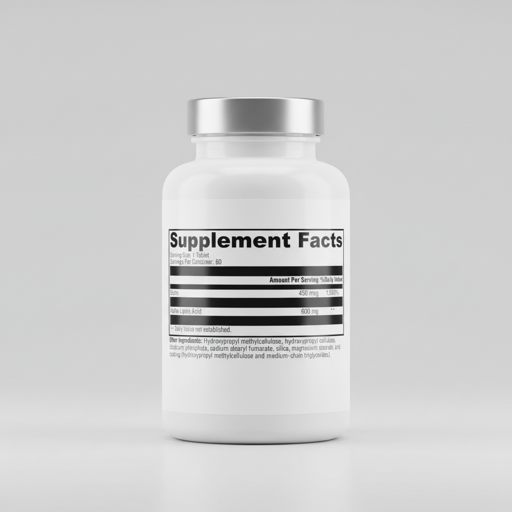 Supplement facts label with Biotin and Alpha-Lipoic Acid on a white background