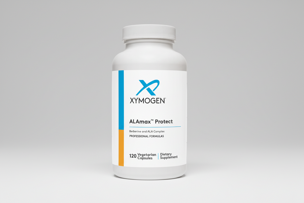 Supplement bottle labeled 'Xymogen ALAmax Protect' on a white background
