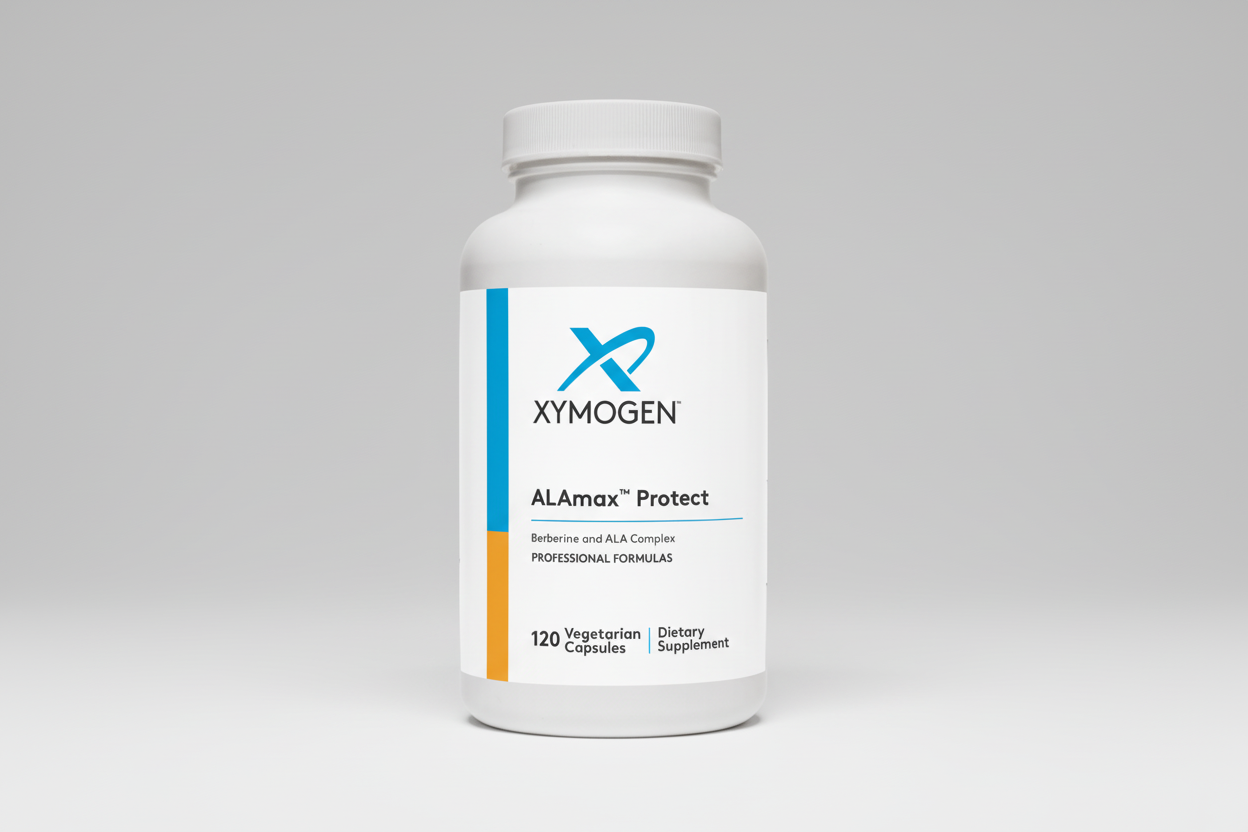Supplement bottle labeled 'Xymogen ALAmax Protect' on a white background