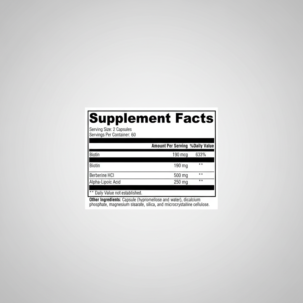Supplement facts label with Biotin, Berberine HCI, and Alpha-Lipoic Acid on a white background