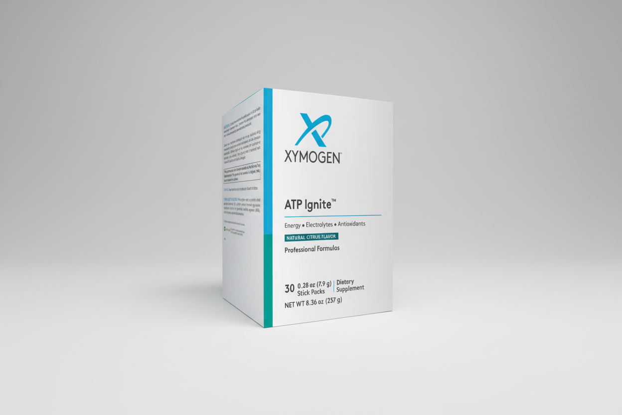 Xymogen ATP Ignite dietary supplement packaging on a white background