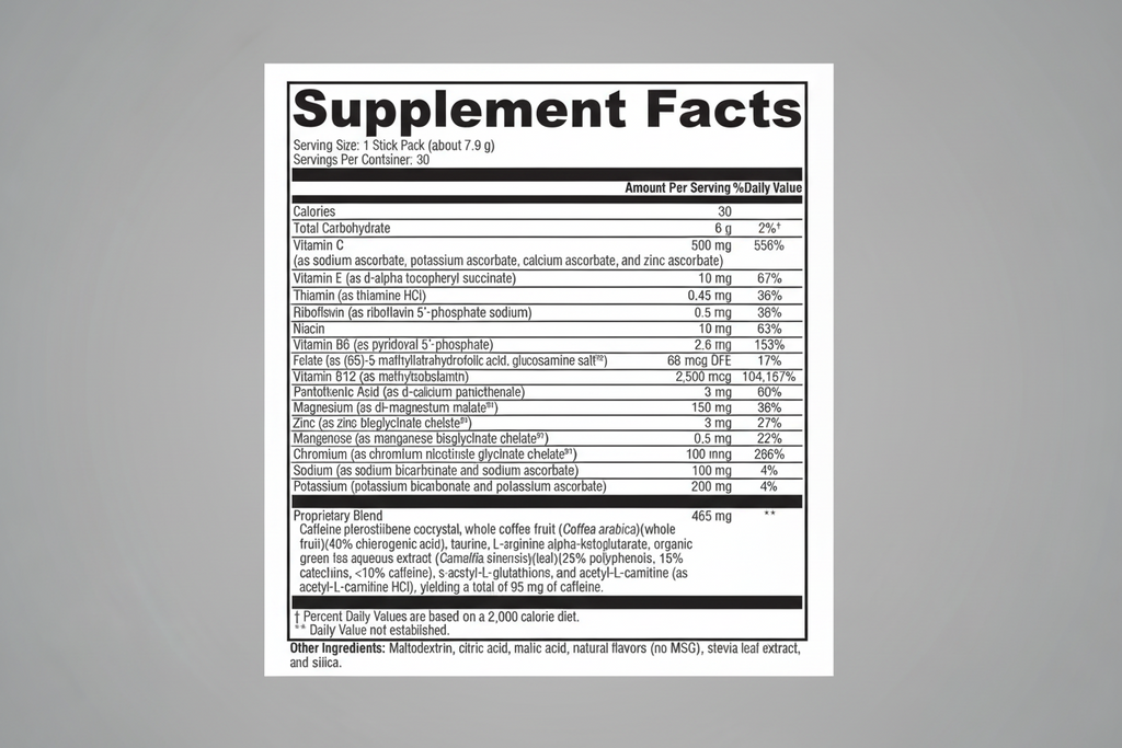 Supplement facts label with detailed nutritional information on a white background