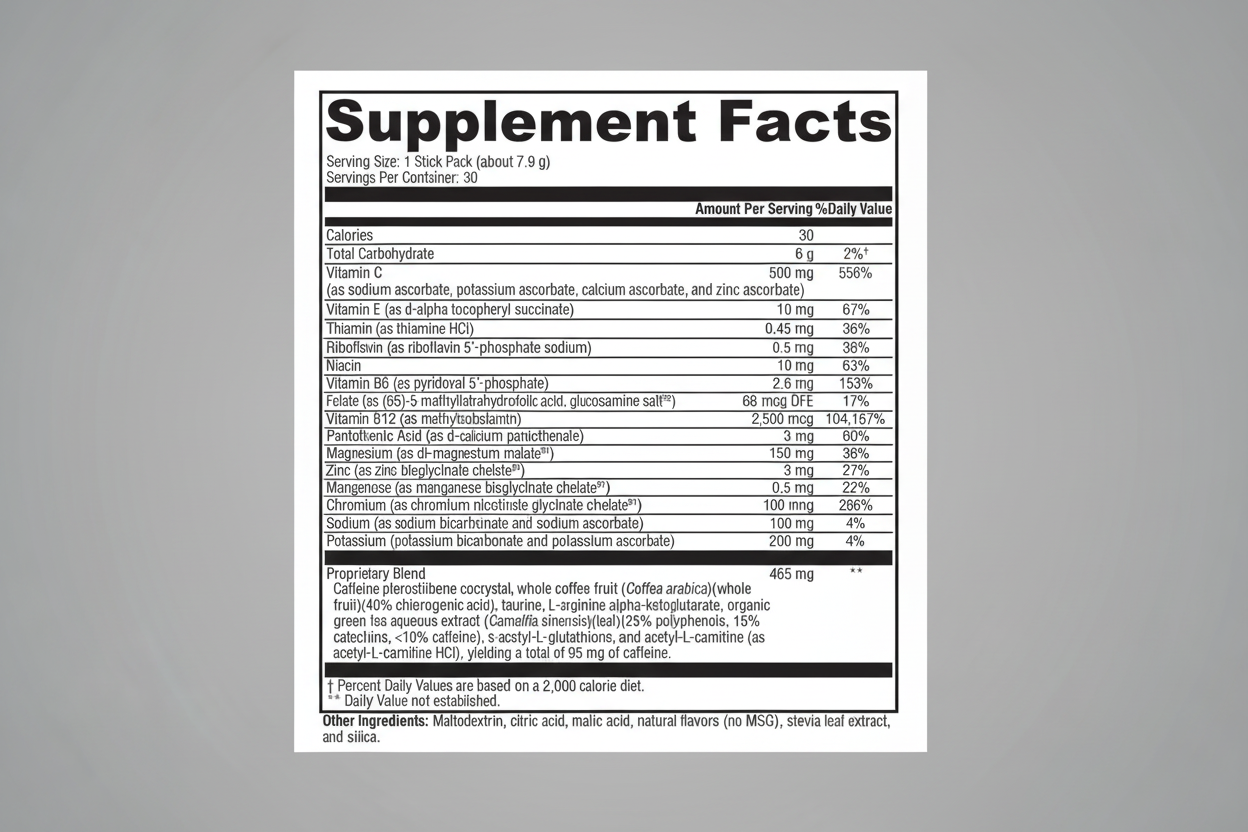 Supplement facts label with detailed nutritional information on a white background