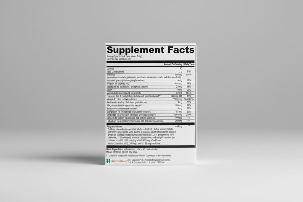 Supplement facts label with detailed nutritional information on a black background