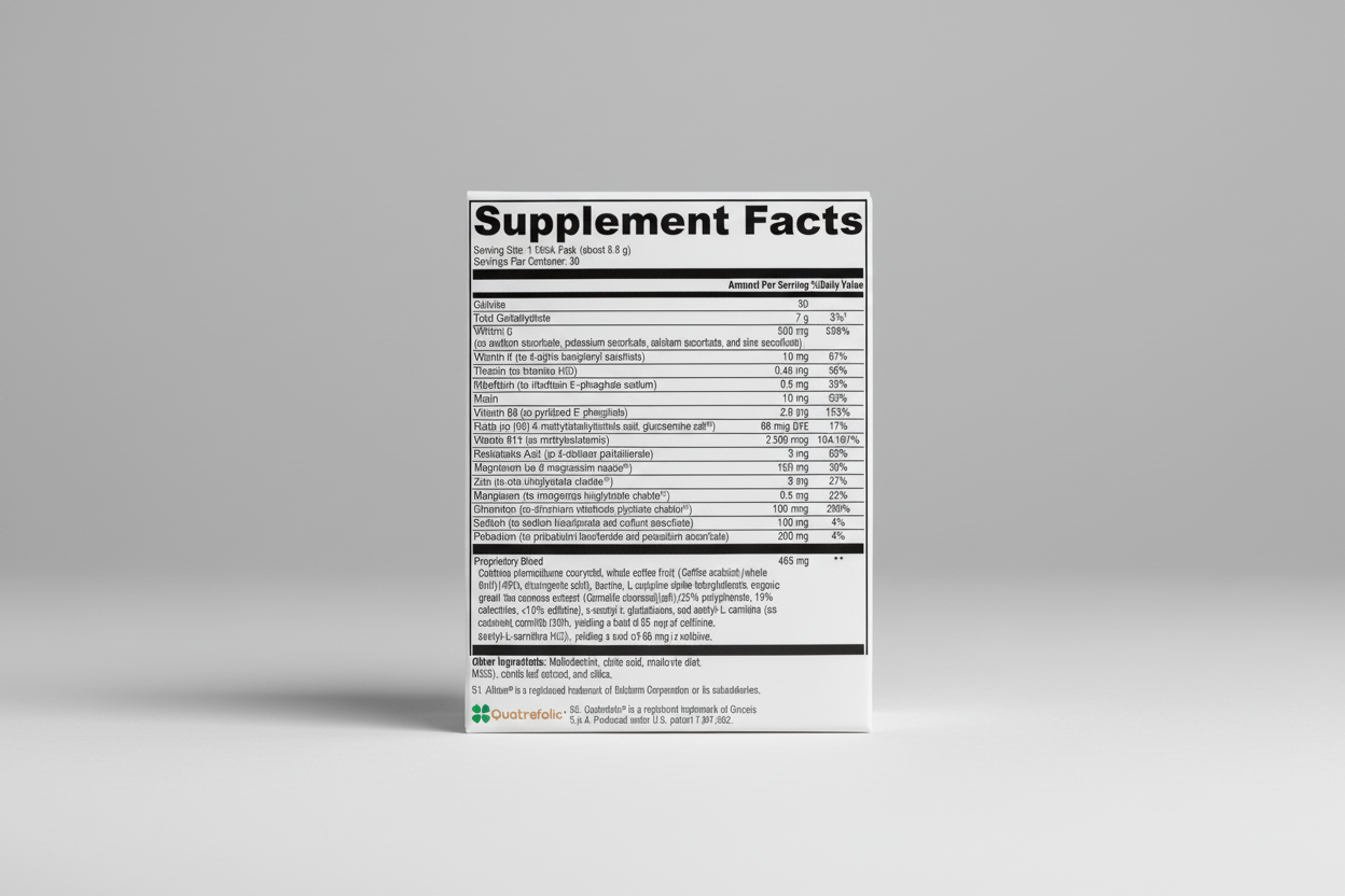 Supplement facts label with detailed nutritional information on a black background