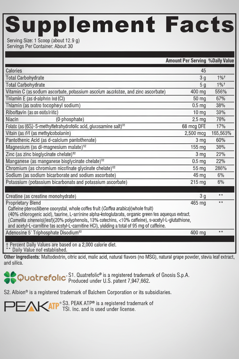 Supplement facts label with detailed nutritional information on a white background