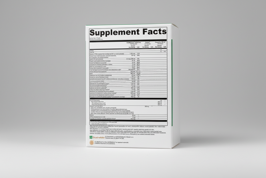 Supplement facts label with detailed nutritional information on a white background