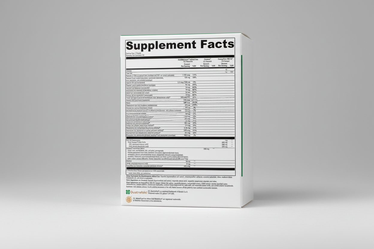 Supplement facts label with detailed nutritional information on a white background