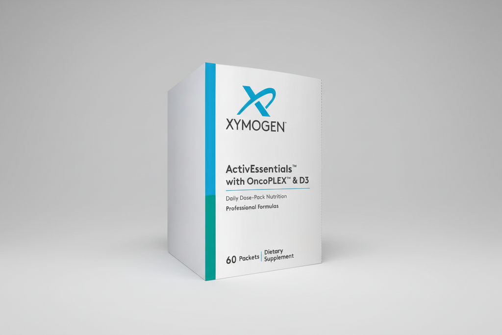 Xymogen ActivEssentials with OncoPLEX and D3 dietary supplement packaging on a white background
