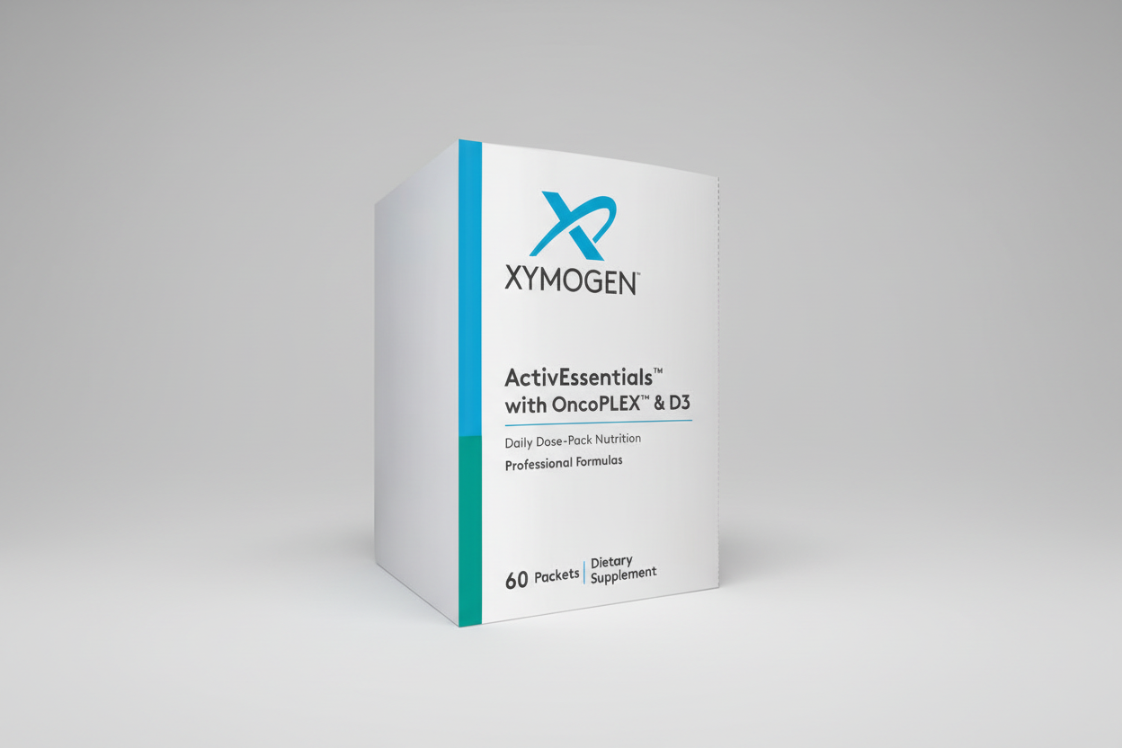 Xymogen ActivEssentials with OncoPLEX and D3 dietary supplement packaging on a white background