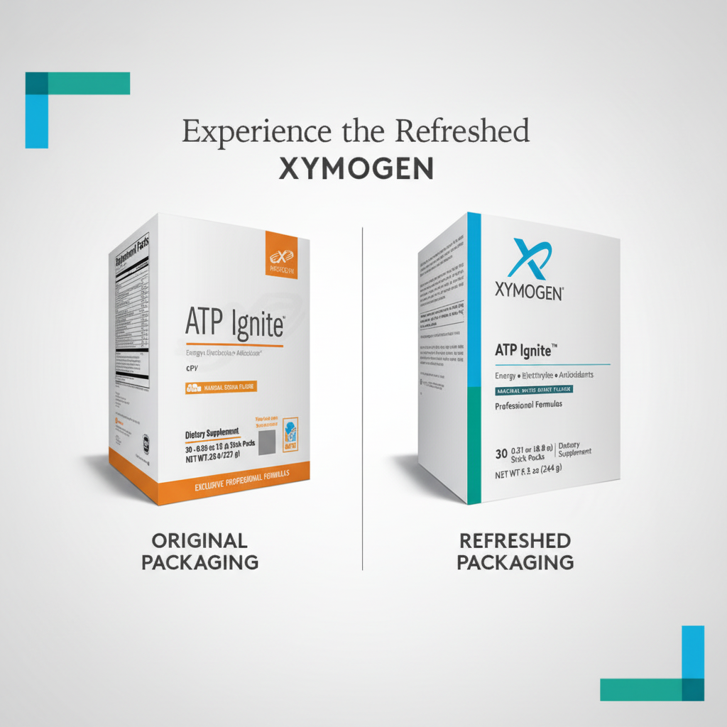 Comparison of original and refreshed Xymogen ATP Ignite packaging on a white background.