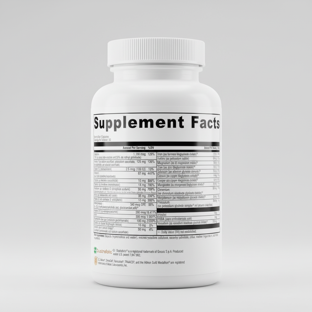 Supplement facts label with detailed nutritional information on a white background