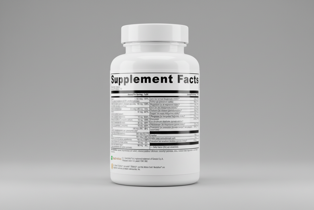 Supplement facts label with detailed nutritional information on a white background