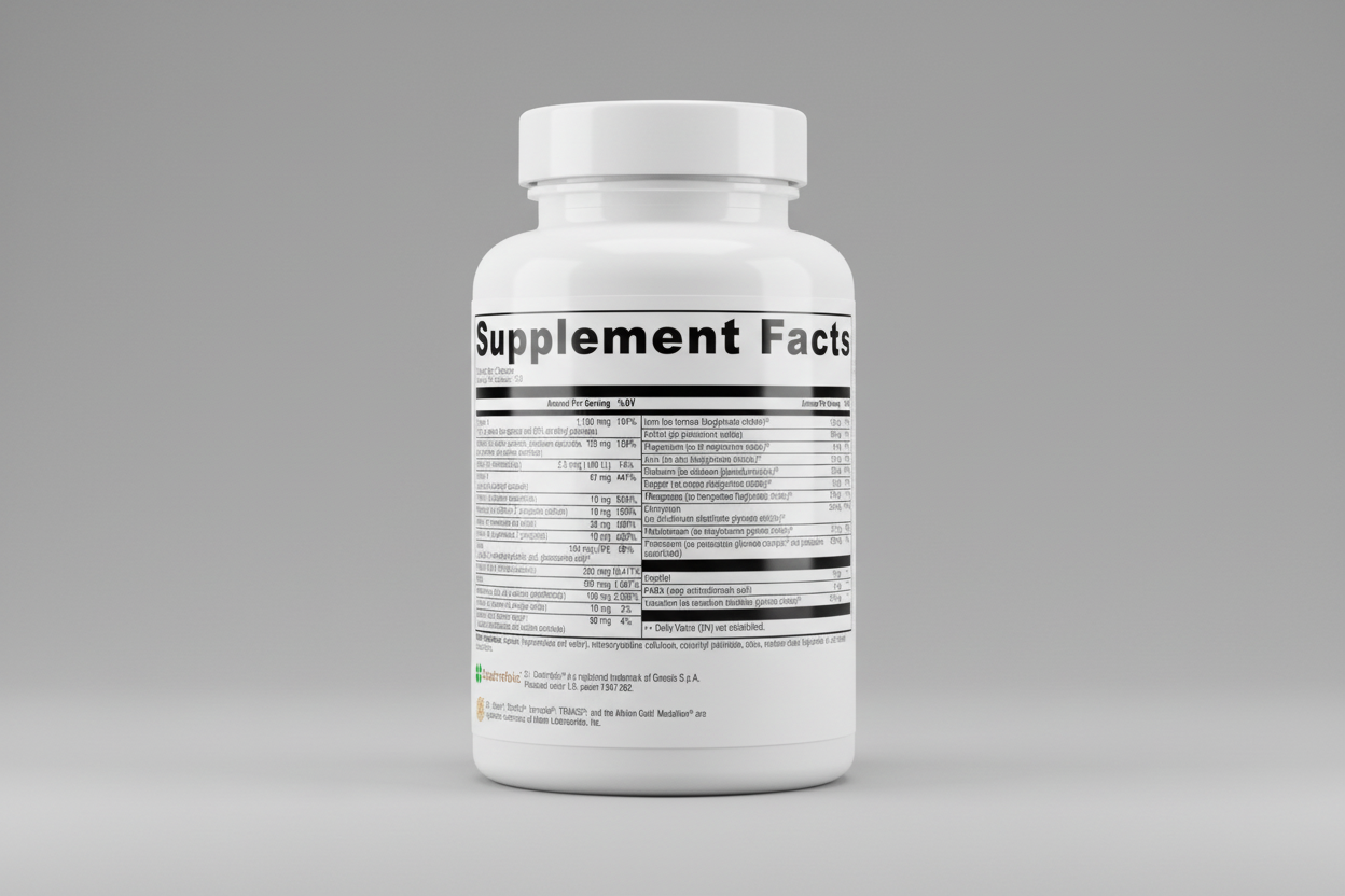 Supplement facts label with detailed nutritional information on a white background