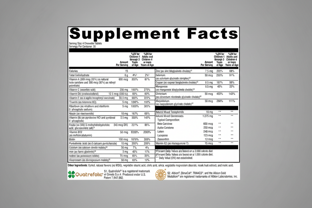 Supplement facts label with detailed nutritional information on a white background